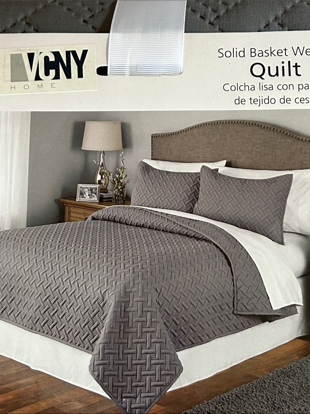 NEW VCNY Home King Gray Solid Basket Weave Quilt